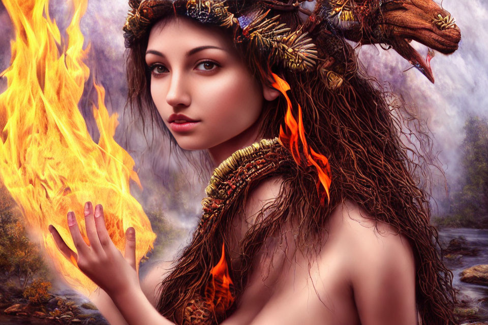 Mystical woman with fiery mane and autumn-themed accessories in misty forest setting