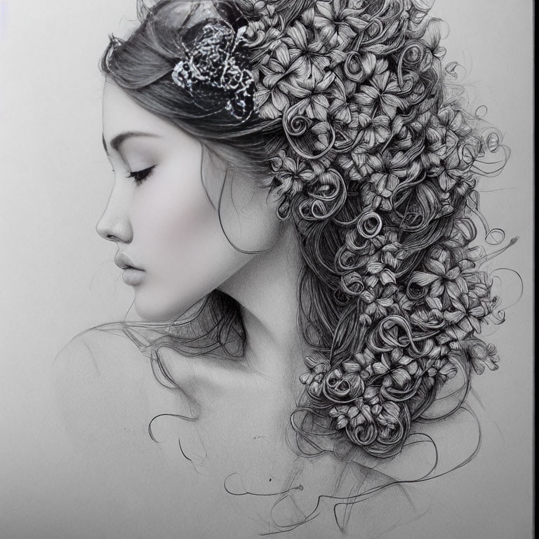 Detailed Monochromatic Sketch of Woman with Elaborate Hairstyle