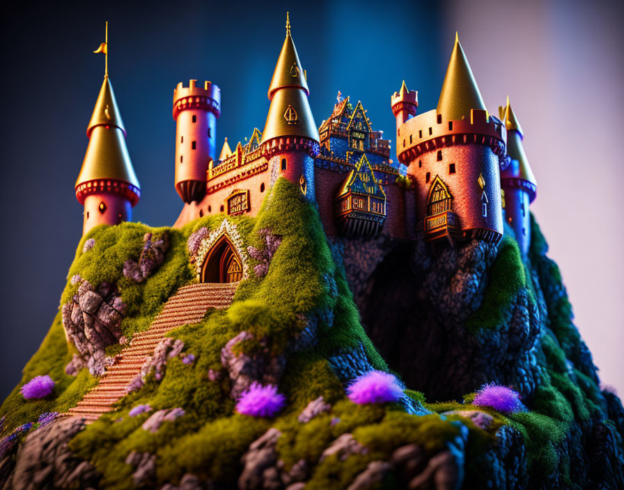 Miniature castle with towers on mossy hill and purple flowers