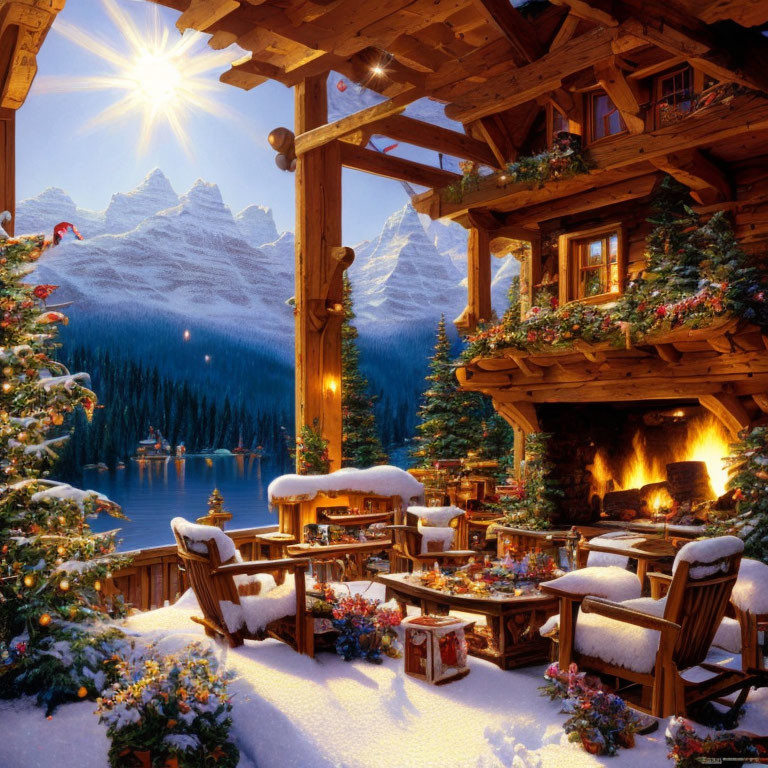 Snow-covered patio with lit fireplace and festive decorations