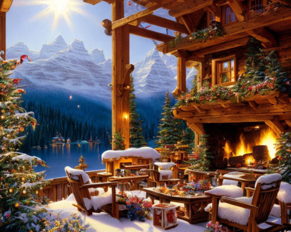 Snow-covered patio with lit fireplace and festive decorations