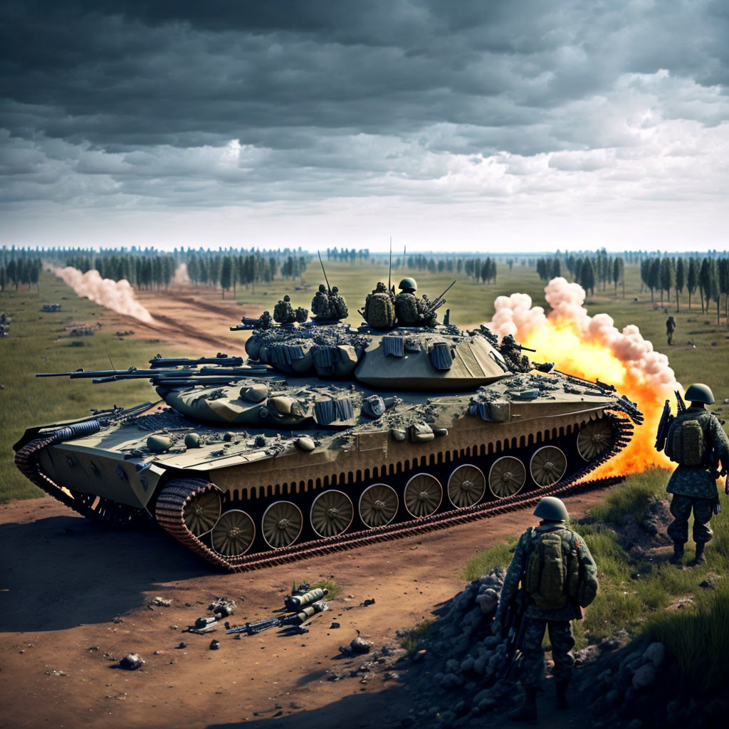 Military tank firing on battlefield with soldiers in grassy terrain.