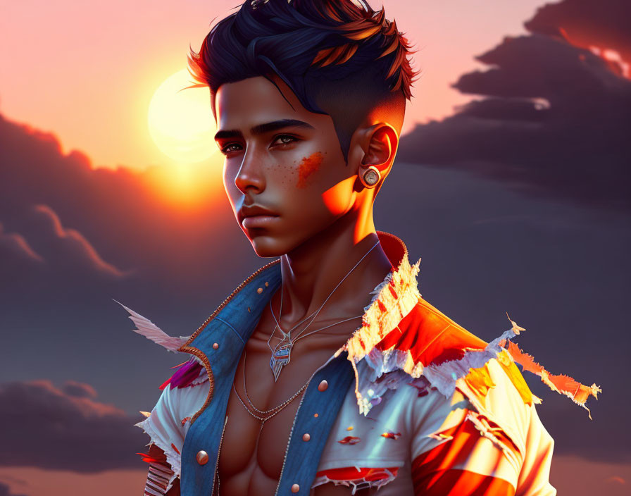 Person with Blue Hair in Sunset Sky with Torn Jacket and Jewelry