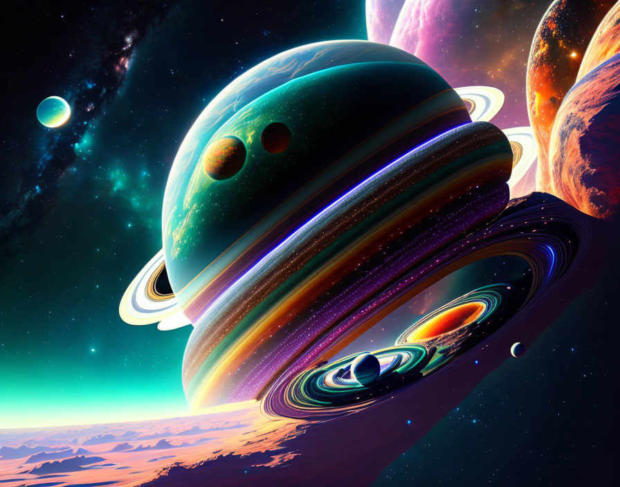 Colorful digital art: surreal cosmic scene with planets, rings, stars, and alien landscape