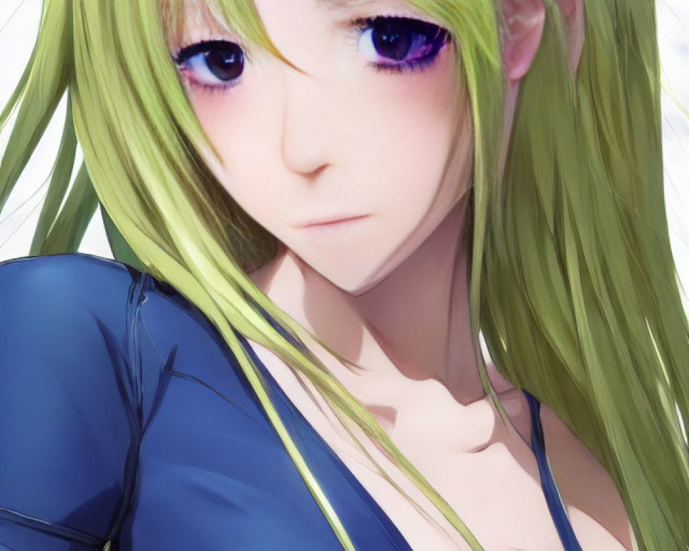 Digital artwork featuring woman with long green hair and purple eyes in blue top.