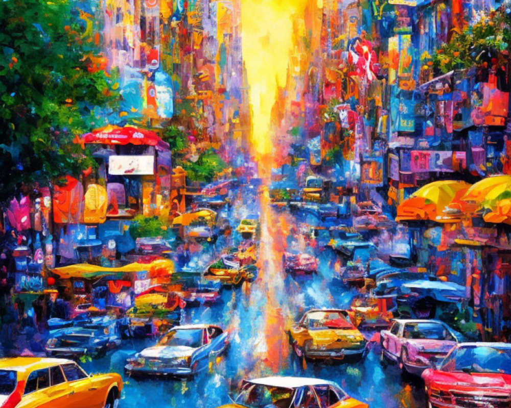 Impressionistic city street painting at sunset