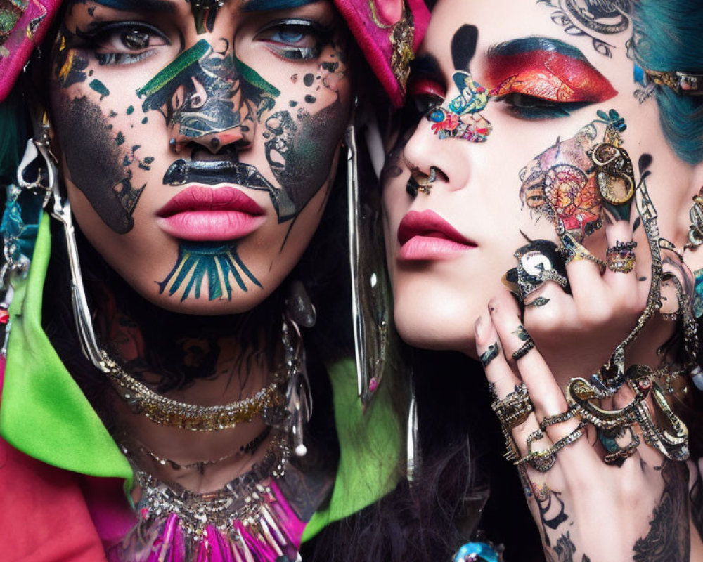 Vibrant makeup and elaborate face tattoos on two individuals posing together