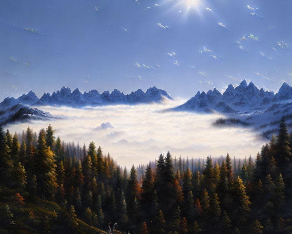 Autumn forest landscape with mist, mountains, and sun rays
