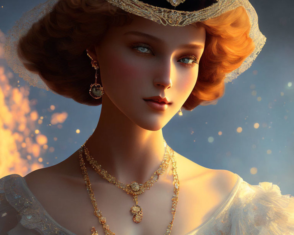 Digital Artwork: Elegant Woman with Golden-Red Hair and Blue Eyes in Fancy Attire