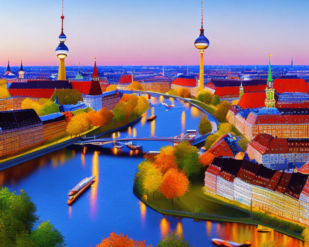 Berlin Aerial View: Spree River, TV Tower & Autumn Trees at Sunset