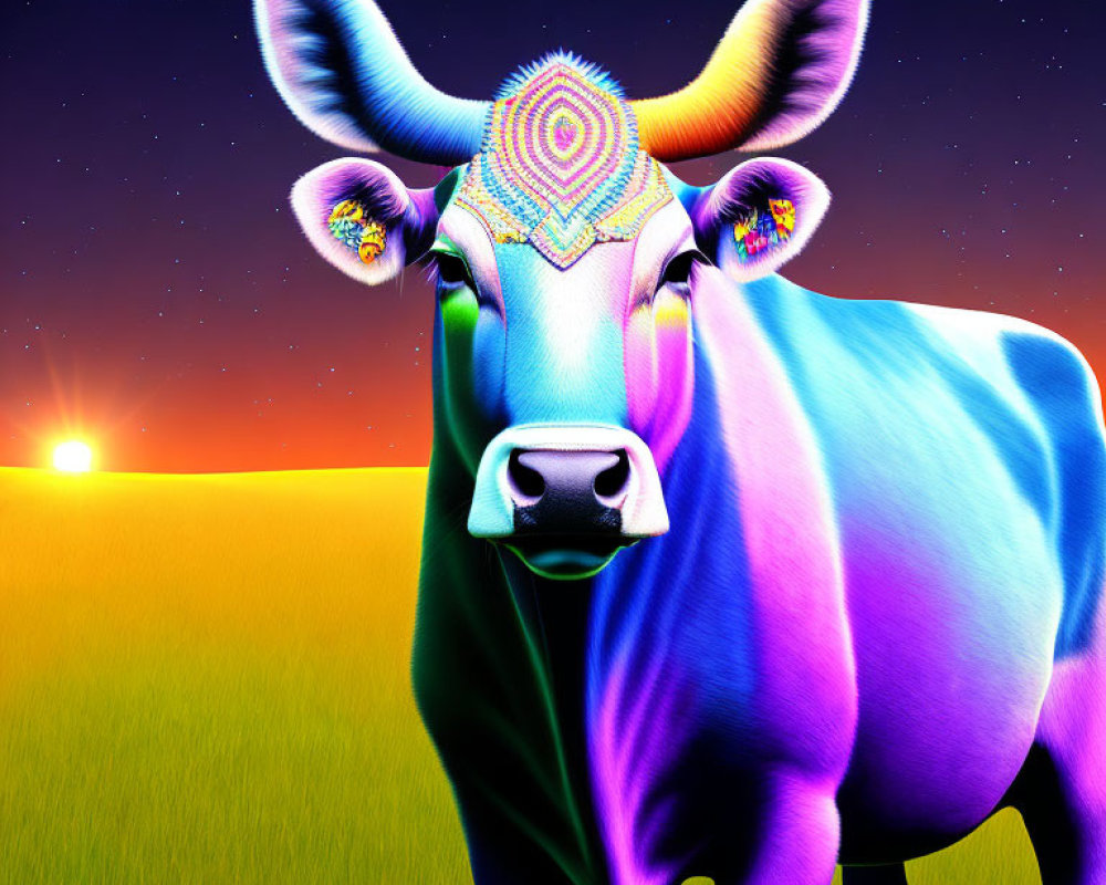 Colorful cow with decorated forehead and earrings in surreal sunset scene