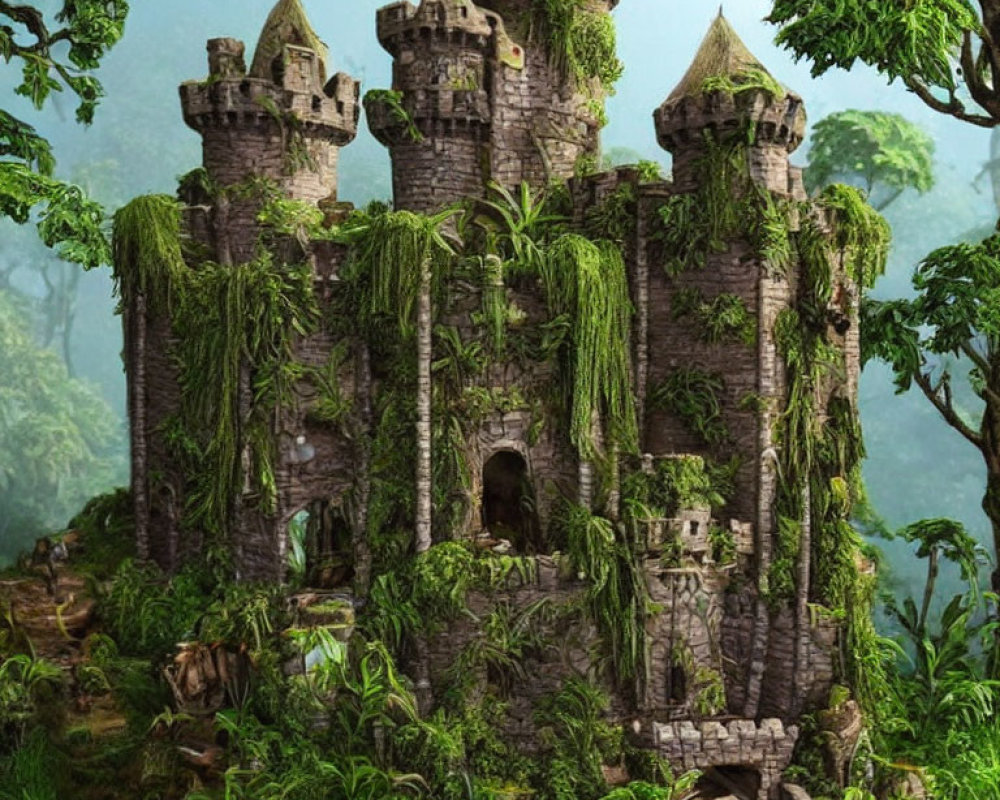 Stone castle consumed by greenery in misty forest landscape