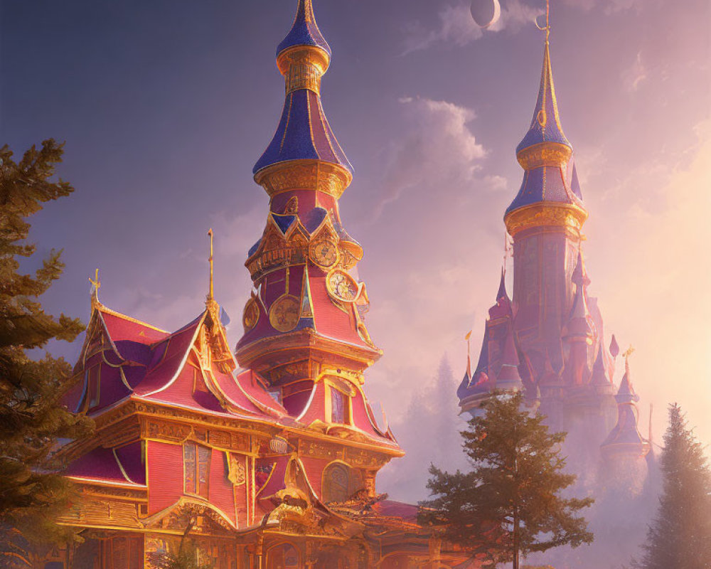 Majestic castle with spires in forest at sunset