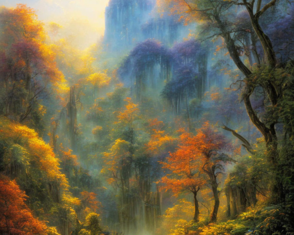 Mystical forest with autumn trees and foggy rock formation