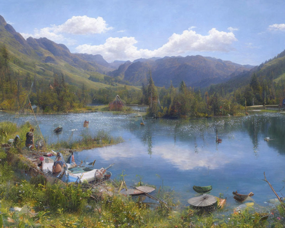 Tranquil landscape painting by a serene lake