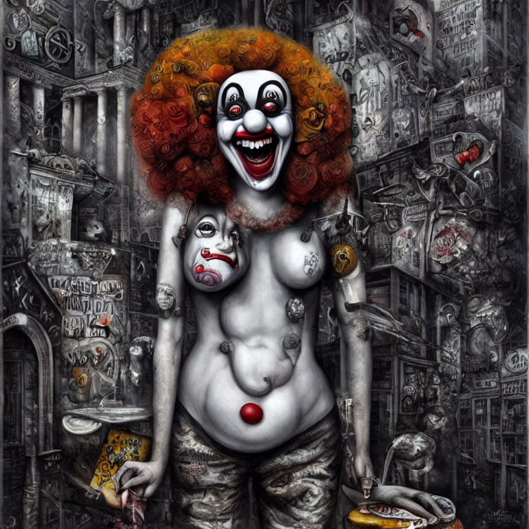 Colorful Clown Artwork with Surreal Dystopian Background