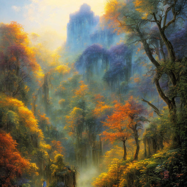 Mystical forest with autumn trees and foggy rock formation