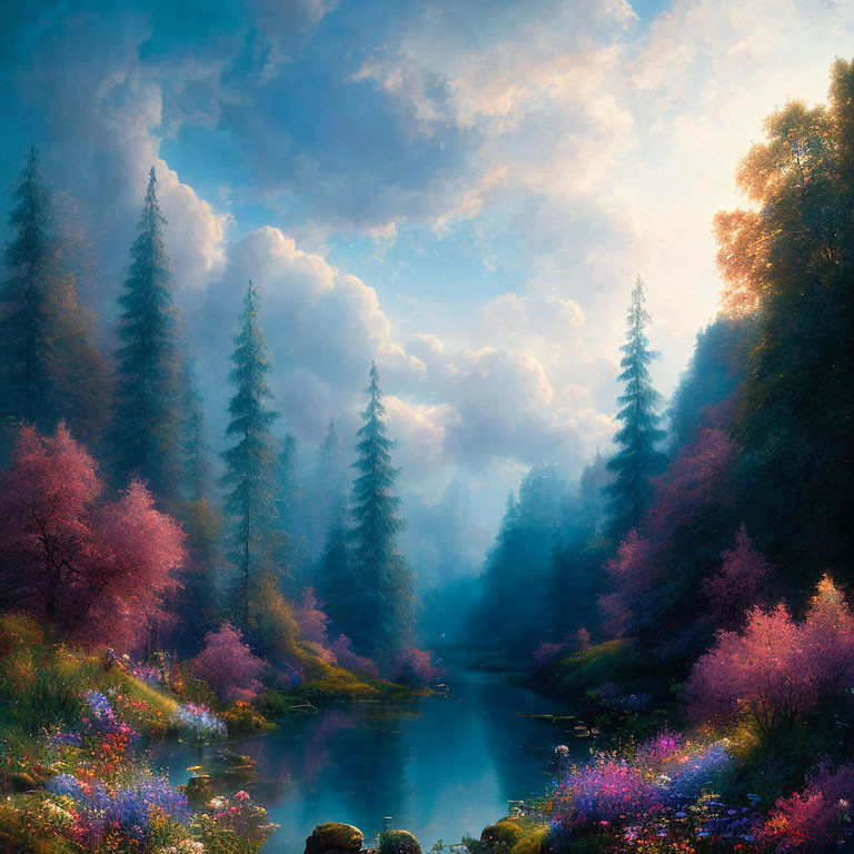 Tranquil river landscape with lush greenery and pink plants