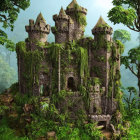 Medieval stone castle with towers in lush forest clearing