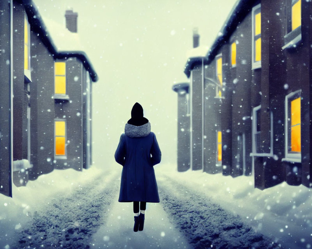 Person in Blue Coat Walking Between Snow-Covered Houses in Gentle Snowfall