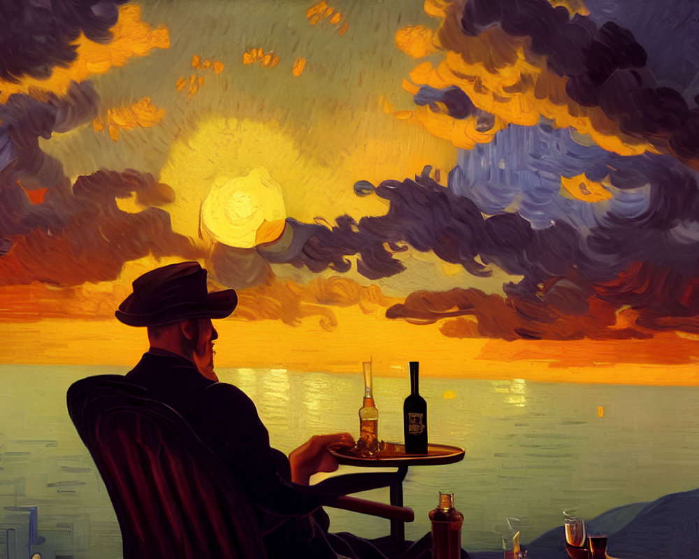 Person in hat admires sunset by water with dramatic clouds
