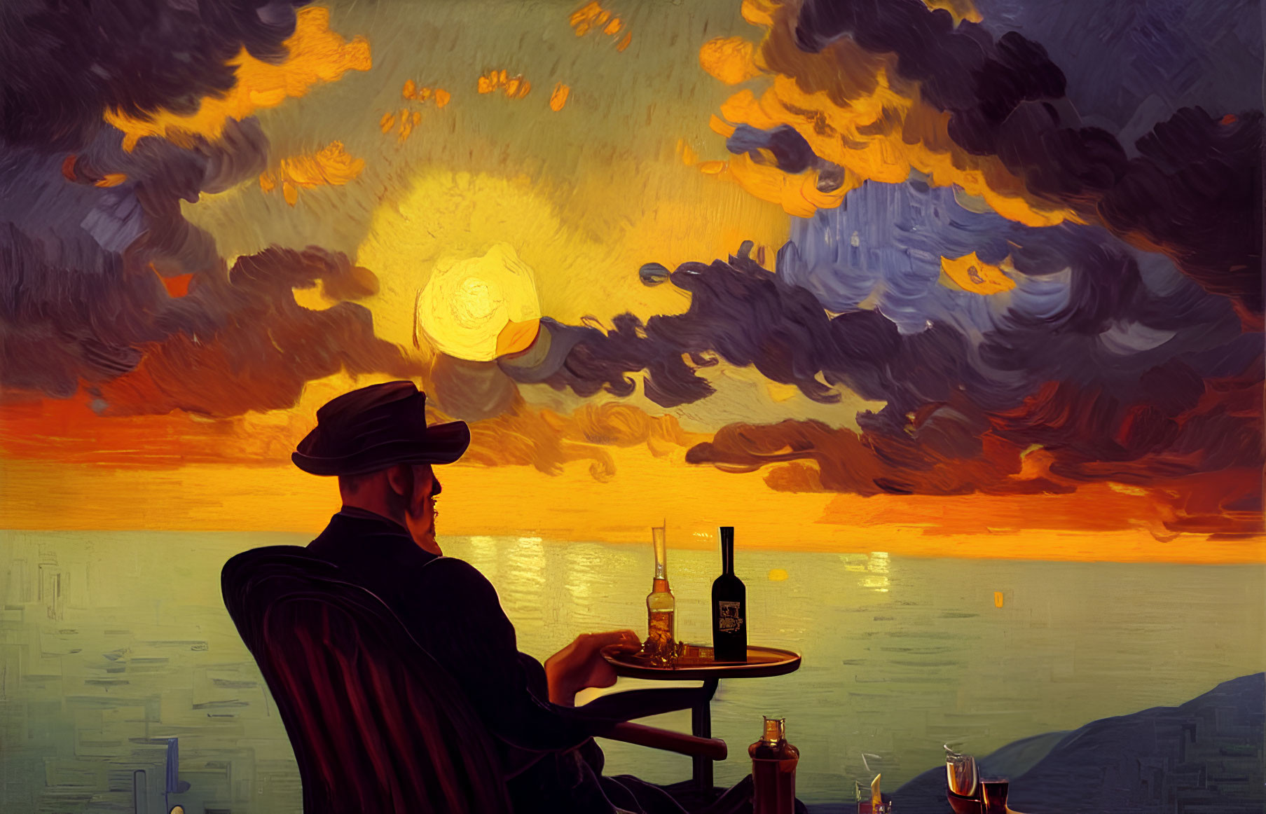Person in hat admires sunset by water with dramatic clouds