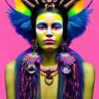 Colorful tribal makeup and feathers on vibrant pink background.