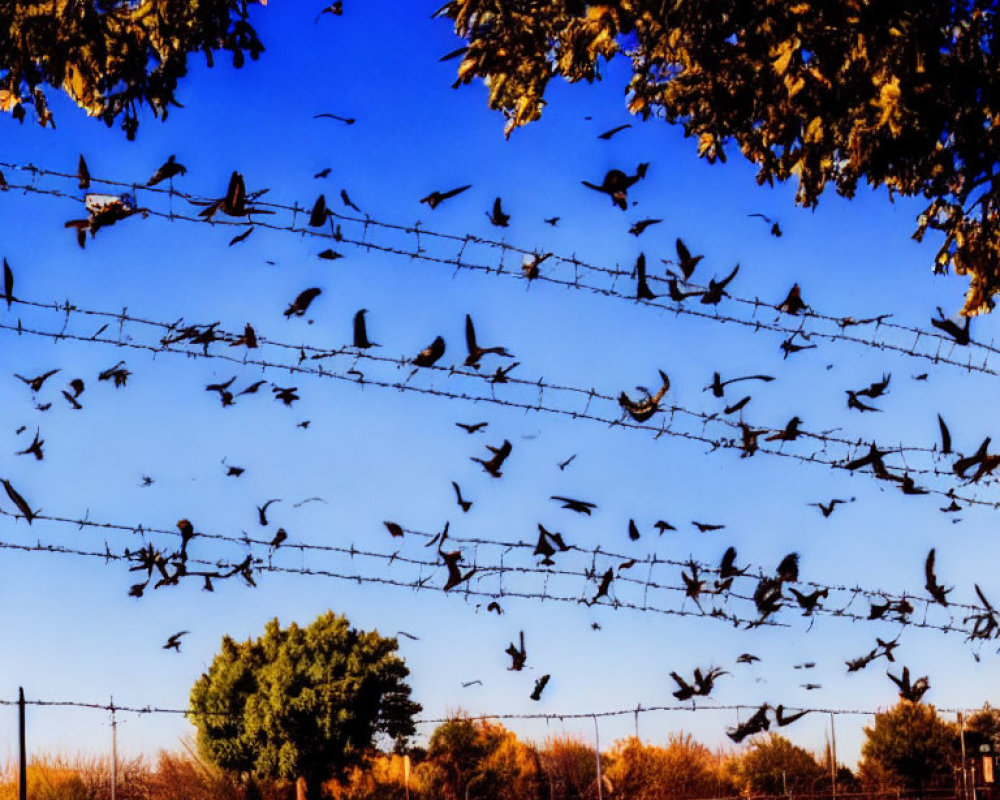 Birds perched and taking flight from telephone wires in vivid blue sky