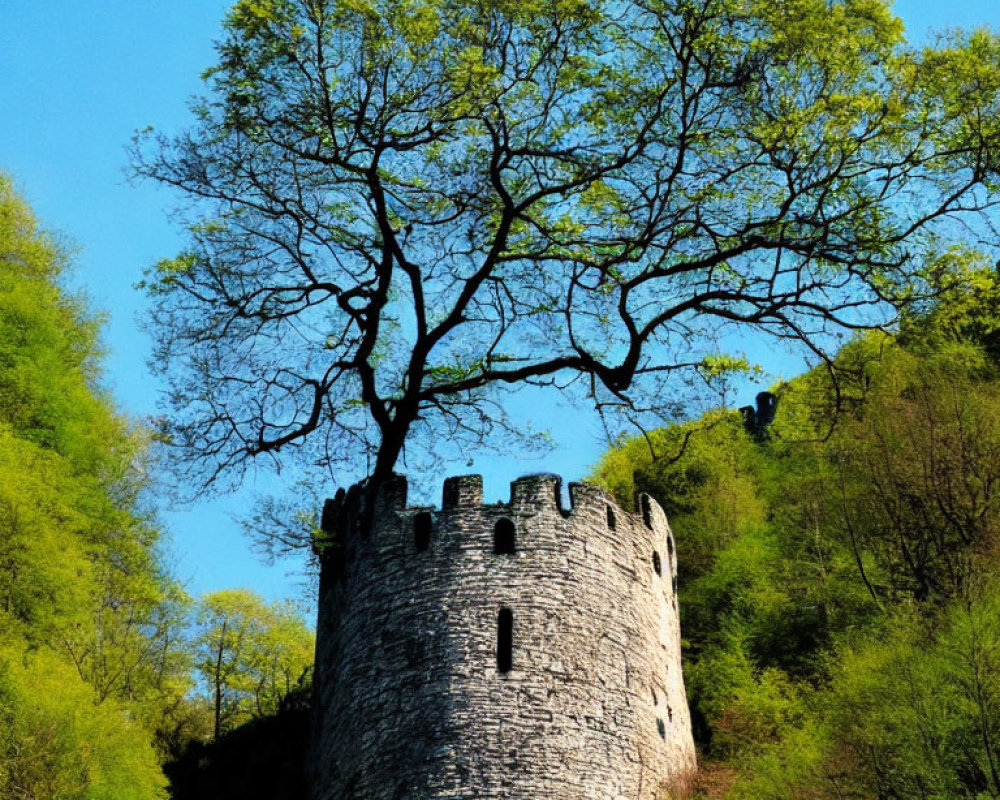 Leafless Tree and Ancient Stone Tower in Lush Green Landscape