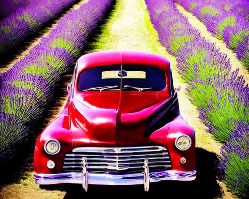 Classic Red Car in Lavender Field Under Sunny Sky