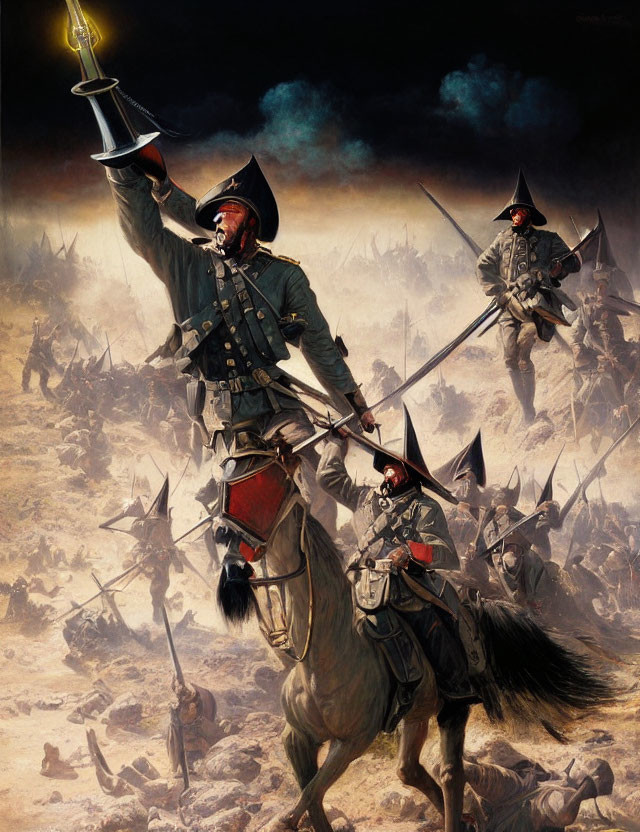 Historical military painting: soldiers on horseback in dramatic battle scene