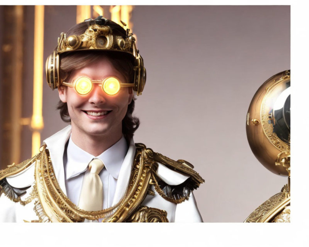 Person in ornate gold and white costume with steampunk-style helmet and glowing orange lenses next to
