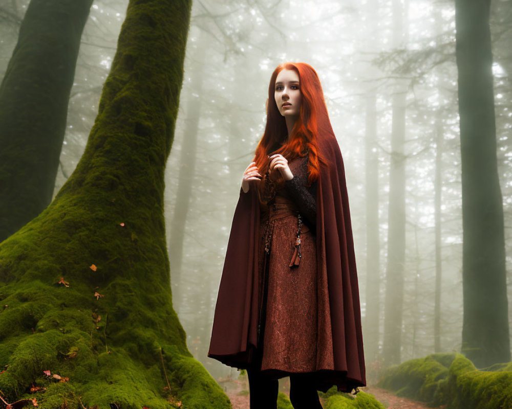 Red-haired woman in dark red cloak in misty forest setting