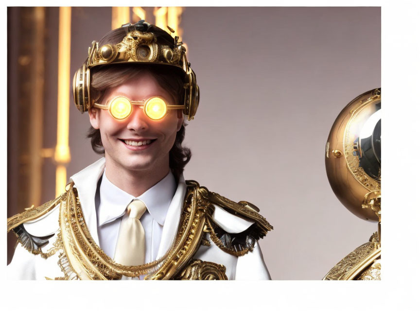Person in ornate gold and white costume with steampunk-style helmet and glowing orange lenses next to
