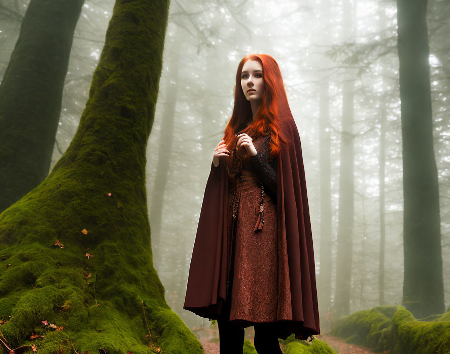 Red-haired woman in dark red cloak in misty forest setting