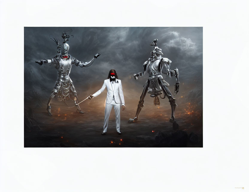 Person in white suit with red blindfold between two robots in smoky, rocky landscape