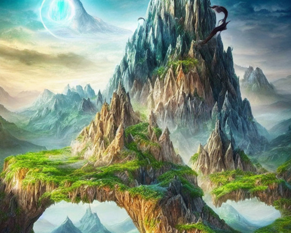 Fantastical landscape with floating mountains and glowing ring