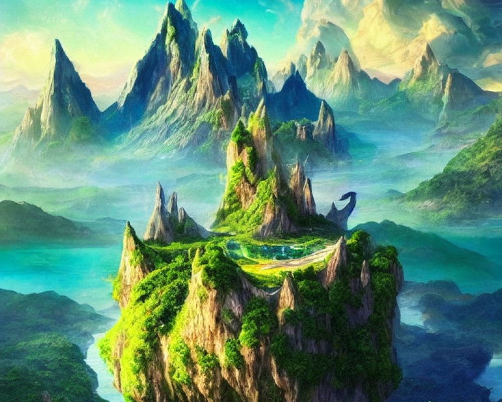 Majestic green mountains, floating castle, lush forests in fantasy landscape