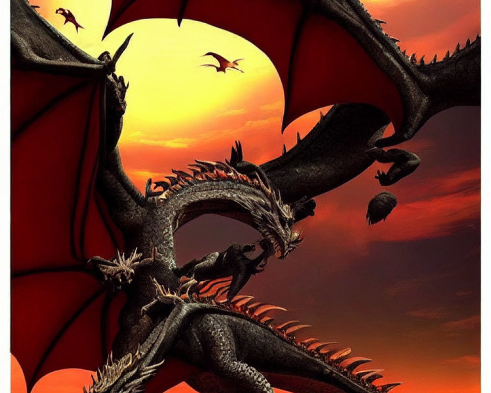Black dragon with spread wings in dramatic sky with flying silhouettes