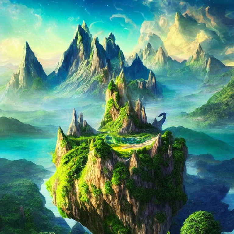 Majestic green mountains, floating castle, lush forests in fantasy landscape