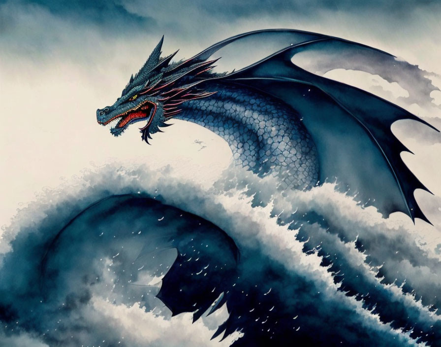 Blue Dragon Emerges from Roiling Clouds with Outstretched Wings