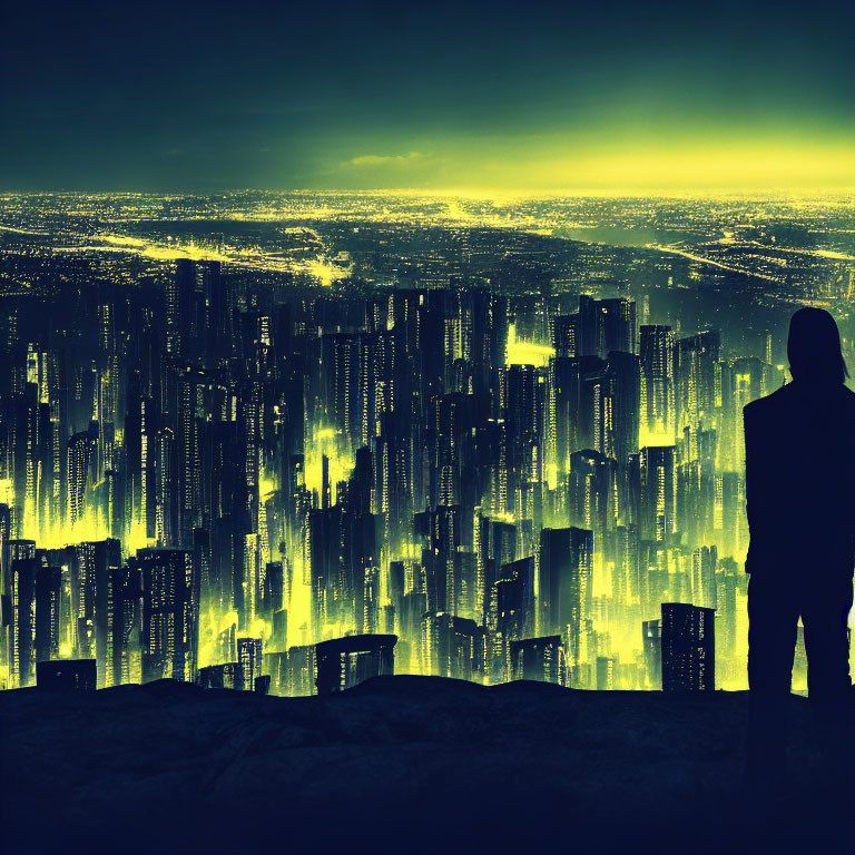 Person's silhouette gazes at glowing futuristic cityscape at twilight