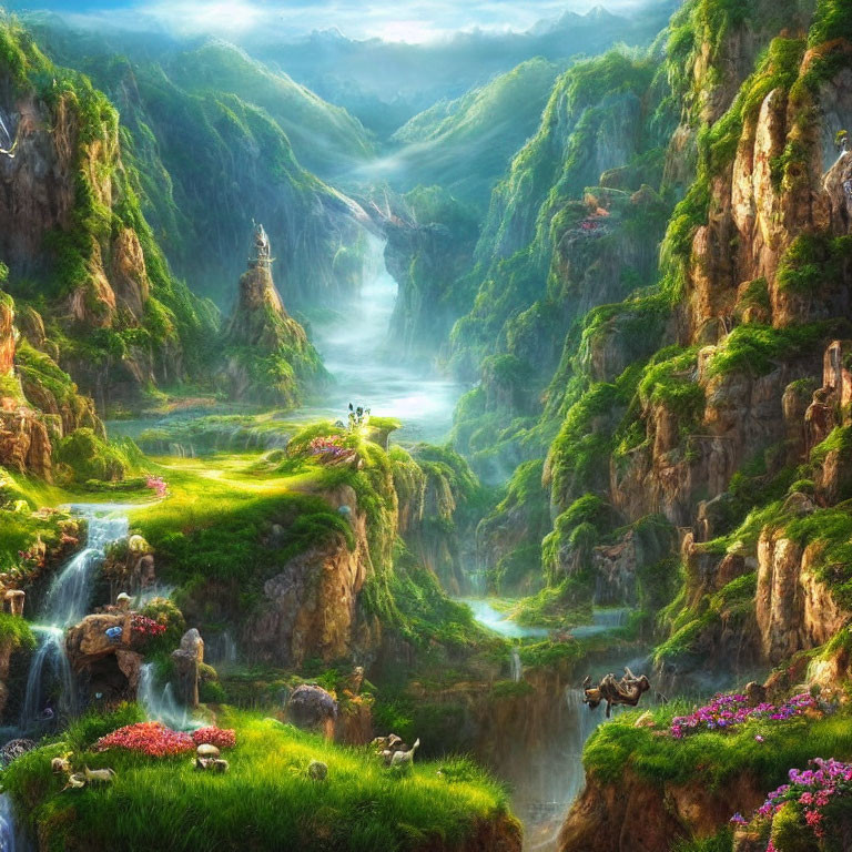 Fantasy landscape with waterfalls, rivers, cliffs, wildlife, and flora