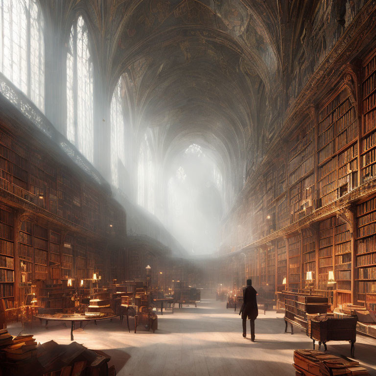 Person in ornate sunlit library with towering bookshelves and gothic architecture