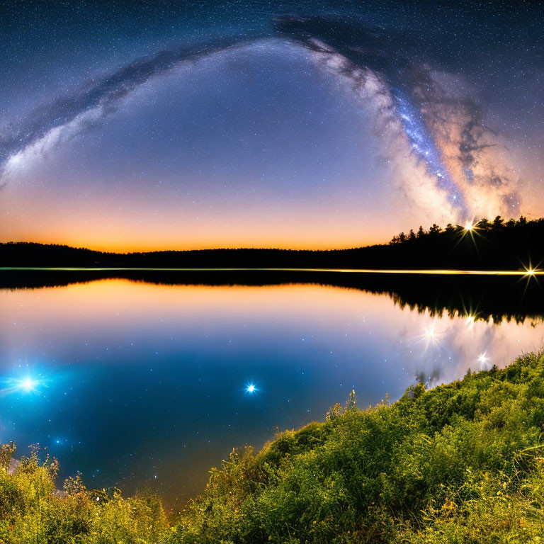 Panoramic night sky with Milky Way over tranquil lake and forested horizon