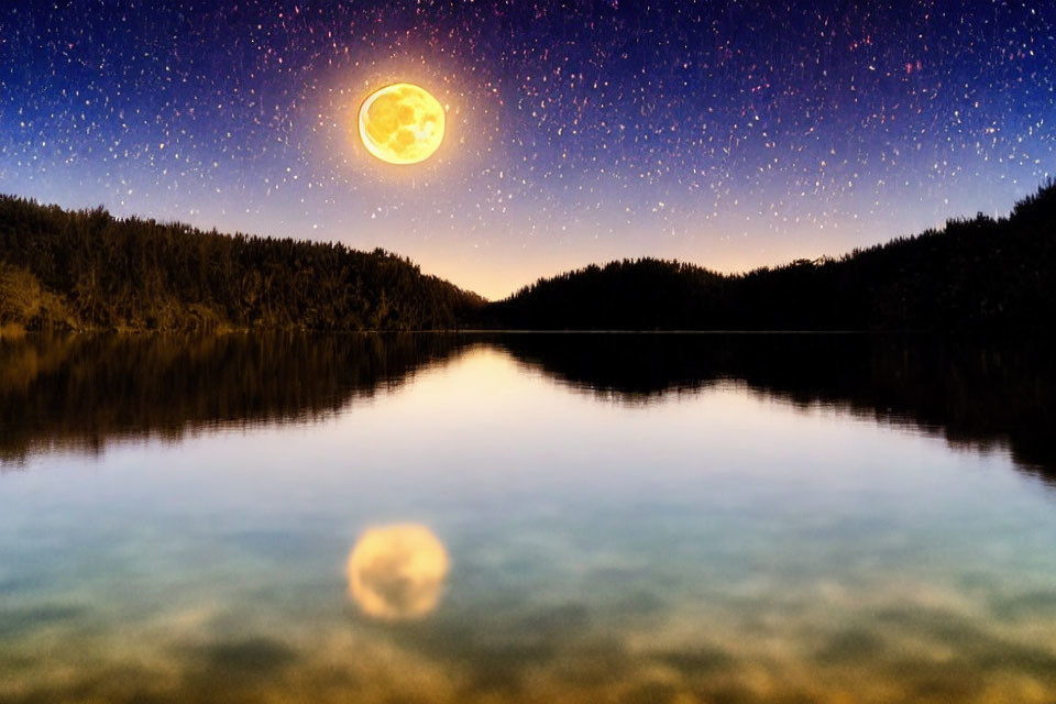 Full Moon Night Landscape: Tranquil Forest Lake Reflections