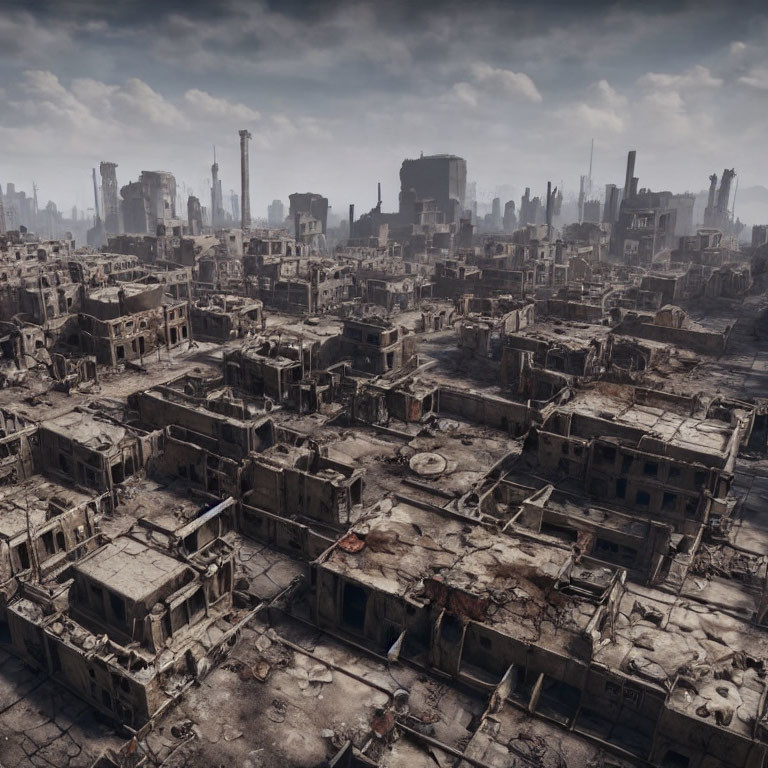 Desolate Urban Landscape with Dilapidated Buildings and Hazy Sky