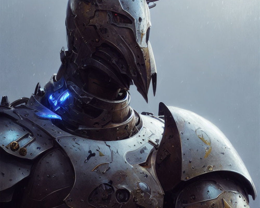 Intricately detailed knight in blue glowing armor with horn-like spikes under fine raindrops