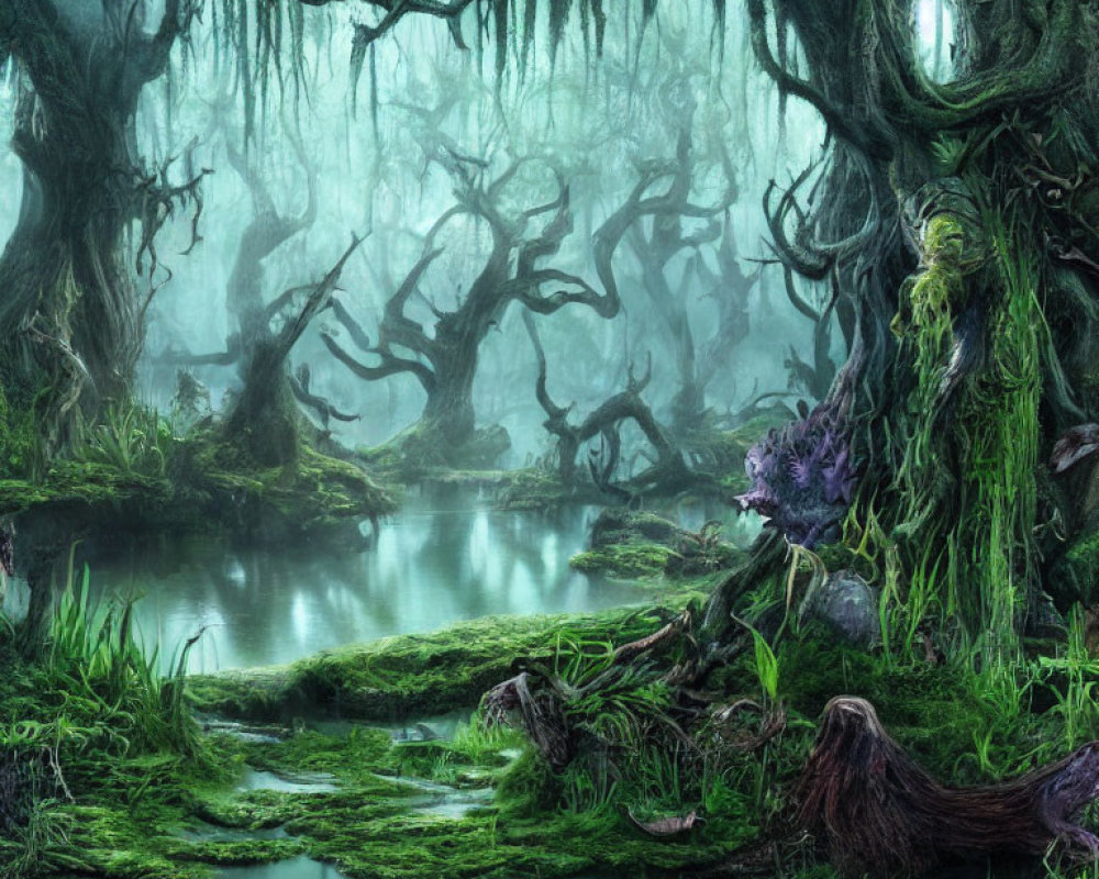 Gnarled trees and hanging moss in mystical foggy swamp