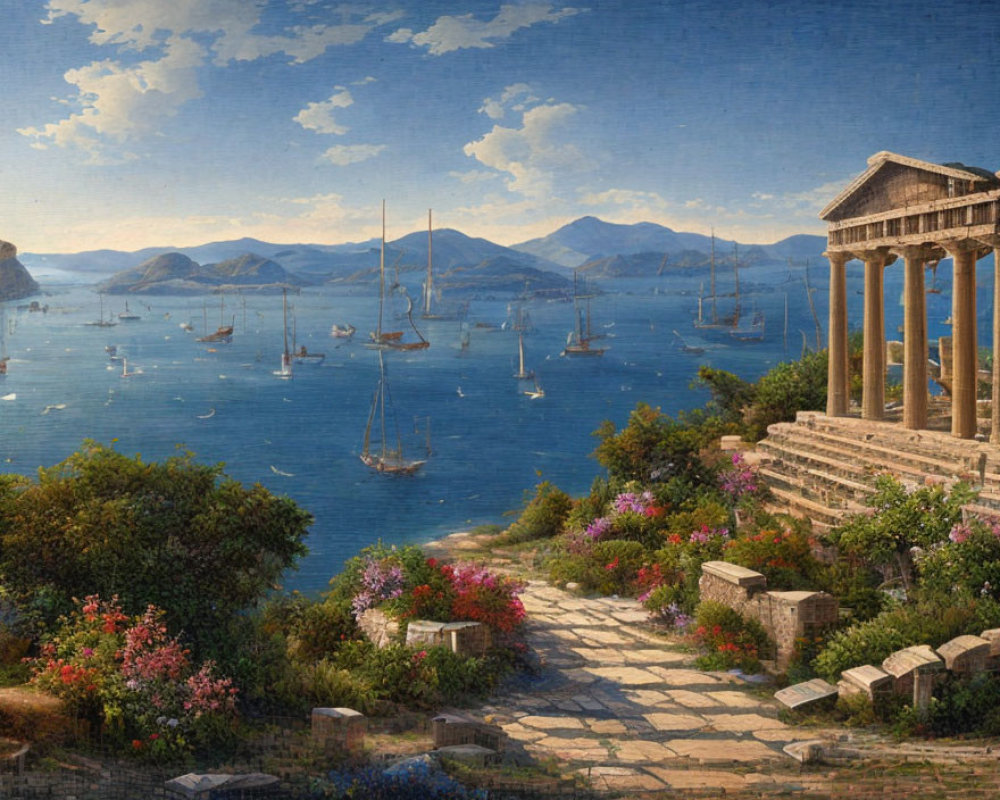 Tranquil Coastal Landscape with Sailboats and Ruins